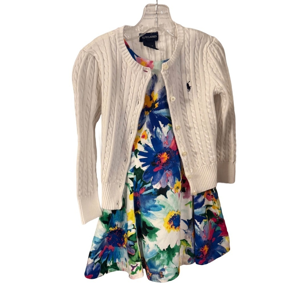 Ralph Lauren Girls 2 PCS Floral Dress 3T & White Cable Knit Cardigan 4T